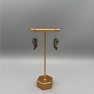 Running bear turquoise dangle feather earrings